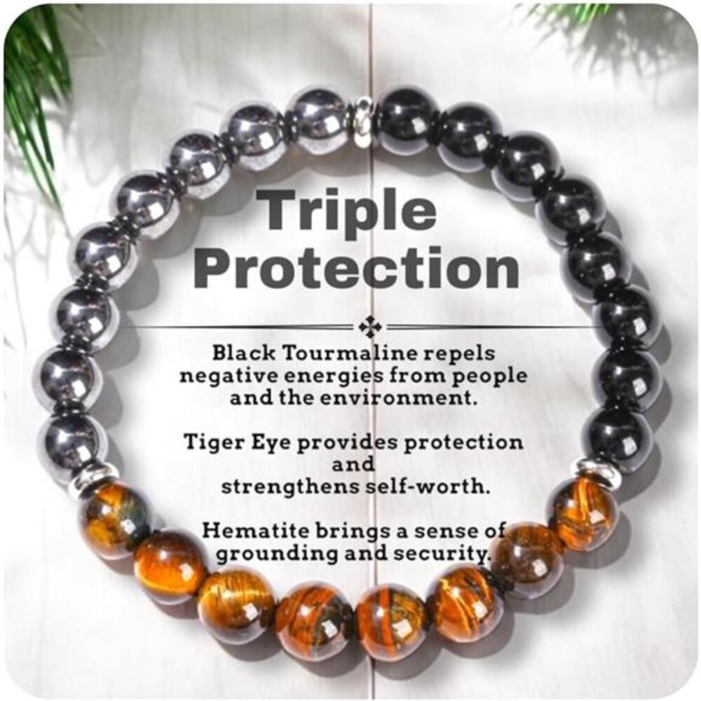 Tiger Eye Black Tourmaline Hematite Beaded Bracelet Natural Stone Jewelry Gift